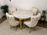Kata Gold Louis Round Dining Table With Victoria Cream Gold Lion Knocker Chairs