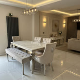 White Louis Dining Table With Silver Majestic Chairs and Bench