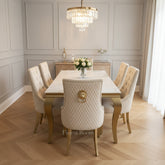 Kasi Gold Louis Dining Table with Mink Gold Lion Knocker Majestic Chairs