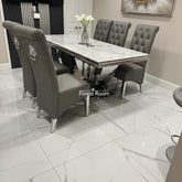 Grey Arial Dining Table With Dark Grey Leather Sofia Chairs