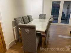 White Louis Dining Table With Dark Grey Sofia Chairs