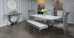 Grey Louis Chrome Dining Table With Light Grey Nicole Chairs and Bench
