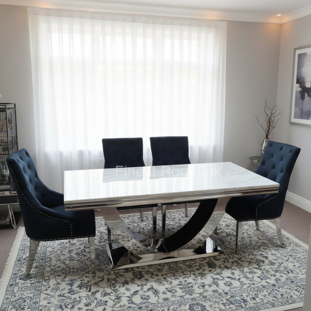 White Arial Dining Table with Black Majestic Chairs