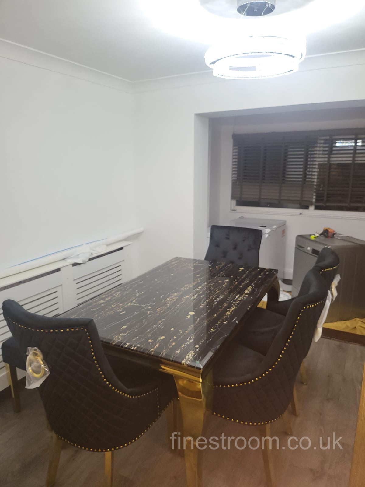 Black Gold Louis Dining Table With Black RK Majestic Chairs & Bench
