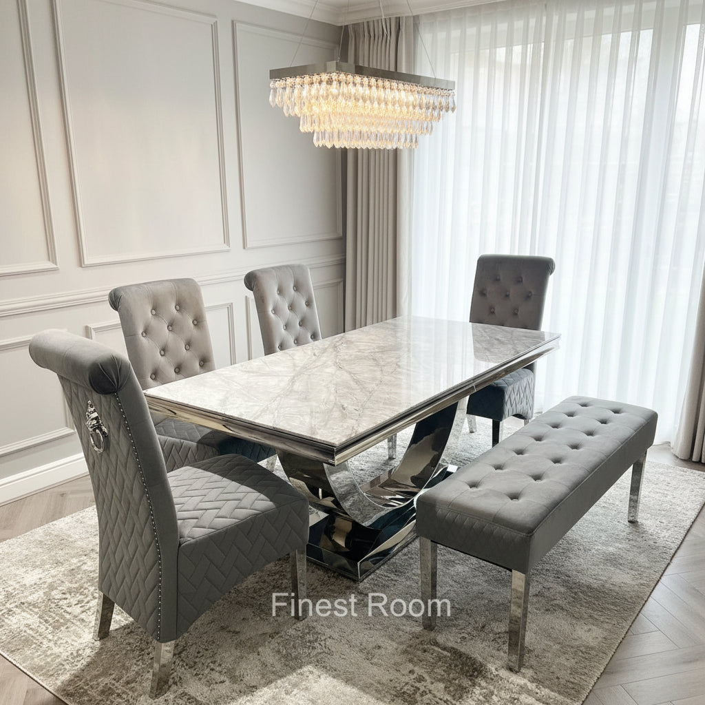 Grey Arial Dining Table With DG Sofia Chairs & Majestic Bench