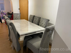 White Louis Dining Table With Dark Grey Sofia Chairs