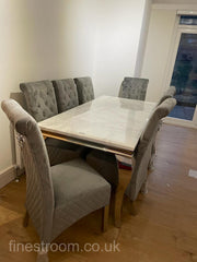 White Louis Dining Table With Dark Grey Sofia Chairs