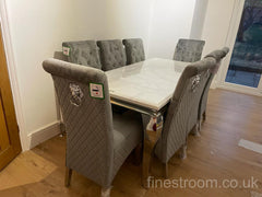 White Louis Dining Table With Dark Grey Sofia Chairs