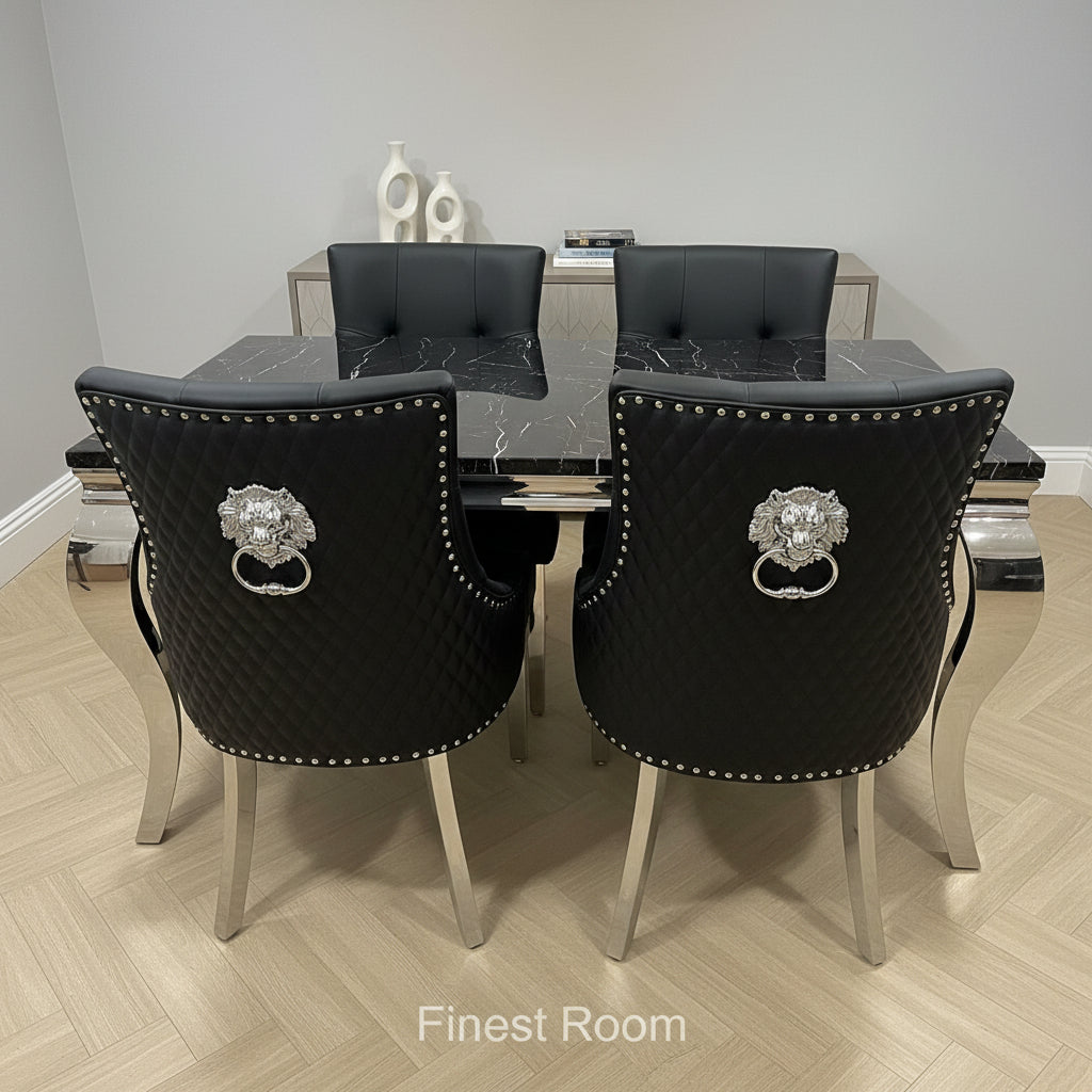 Black Plain Louis Dining Table With Black Leather Majestic Chairs
