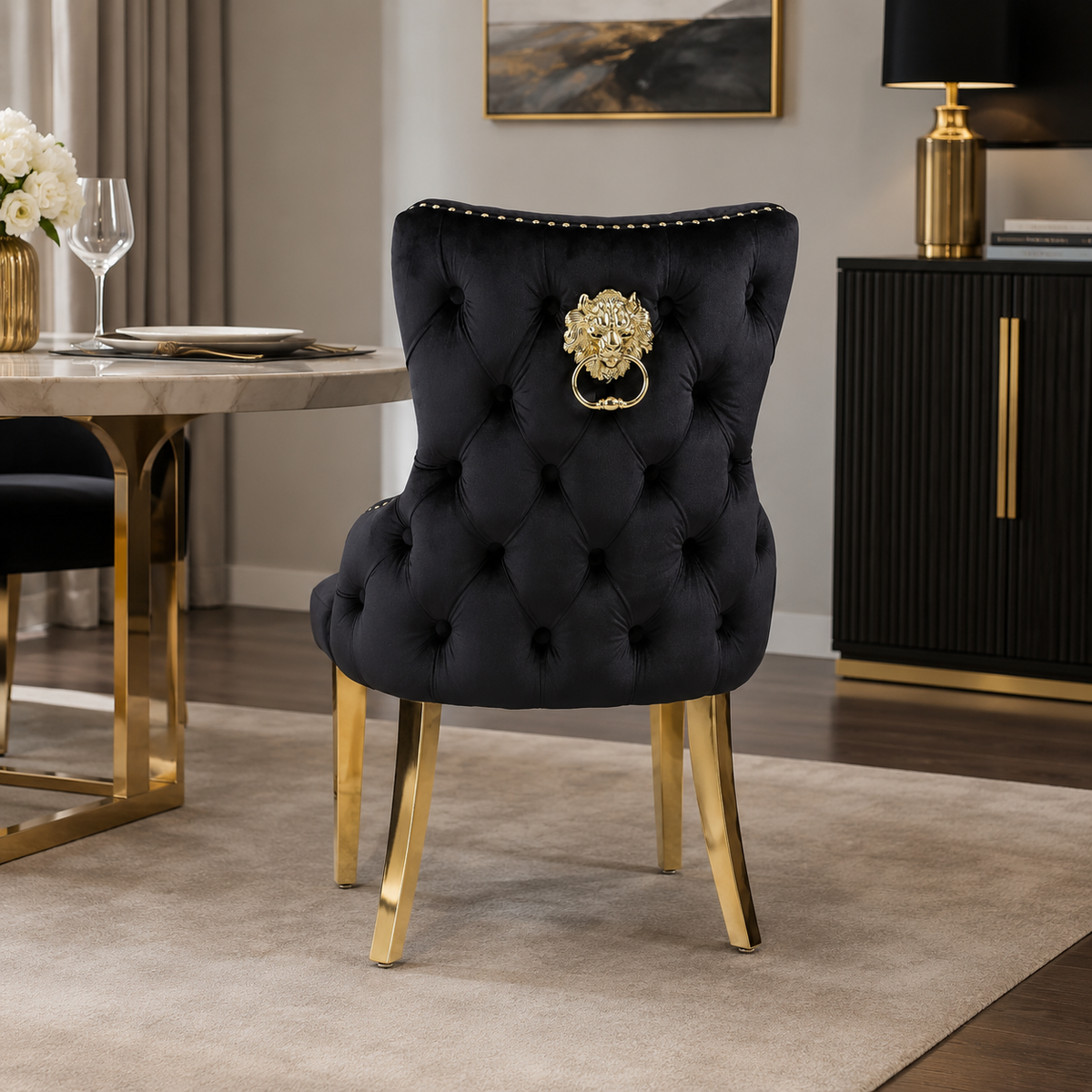 2 x Victoria Gold Lion Knocker Dining Chairs - Grey Gold, Cream Gold, Black Gold