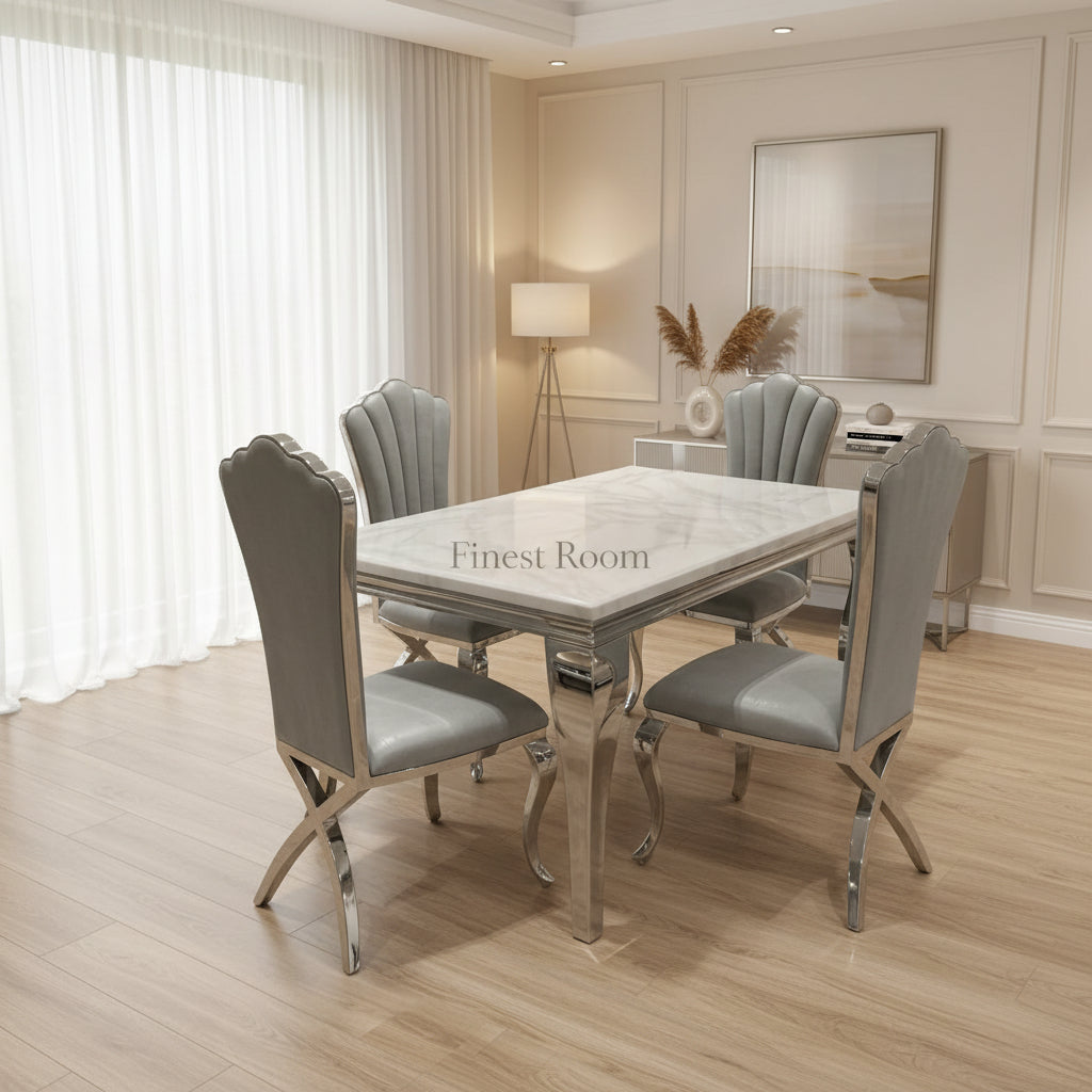 White Louis Dining Table With Grey Christine Chairs