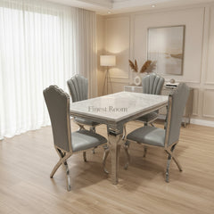 White Louis Dining Table With Grey Christine Chairs