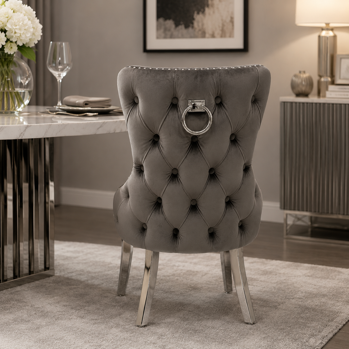 2 x Victoria Ring Knocker Dining Chairs- Dark Grey Silver, Black Gold, Cream Gold