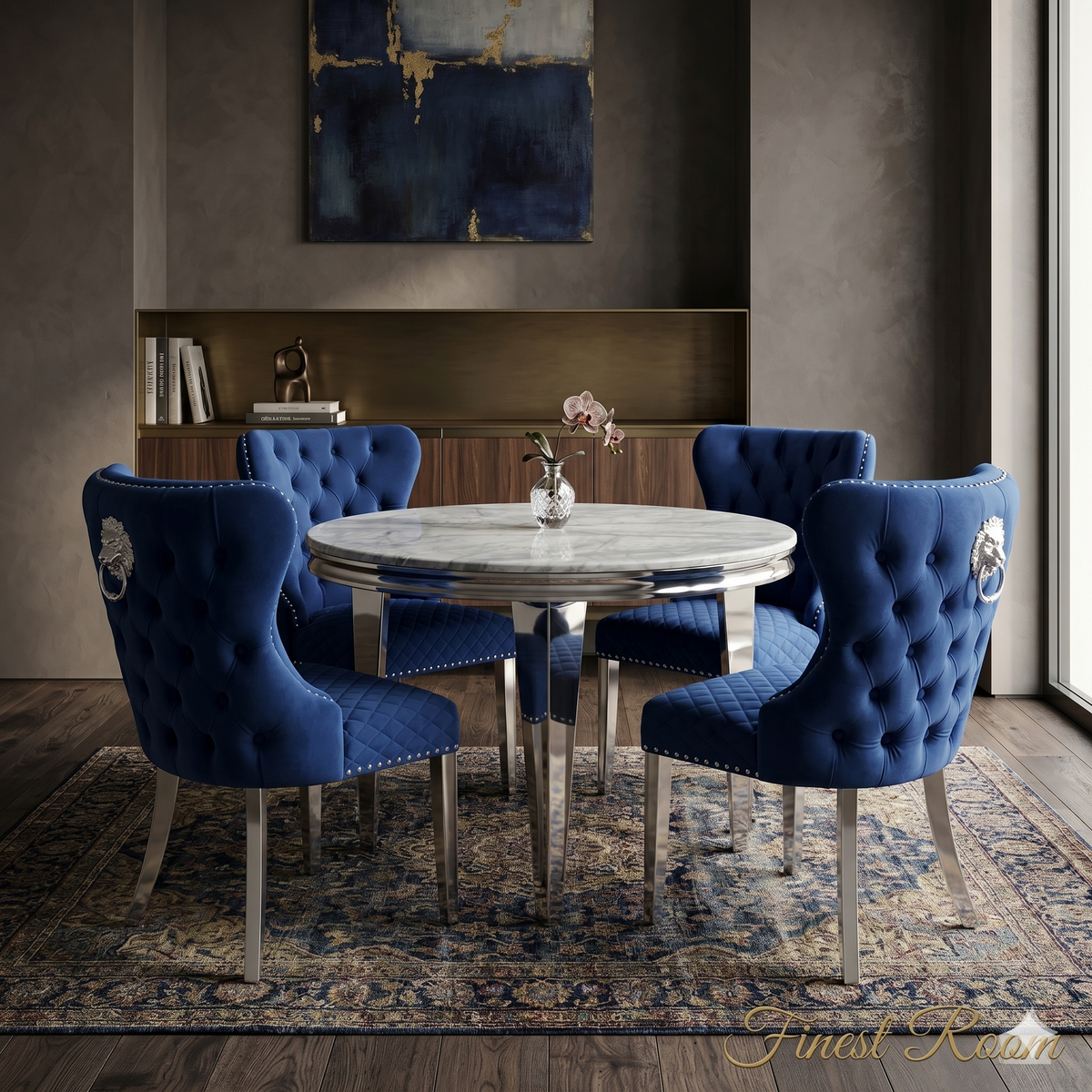 Grey Round Louis Dining Table With Navy Valentino Chairs