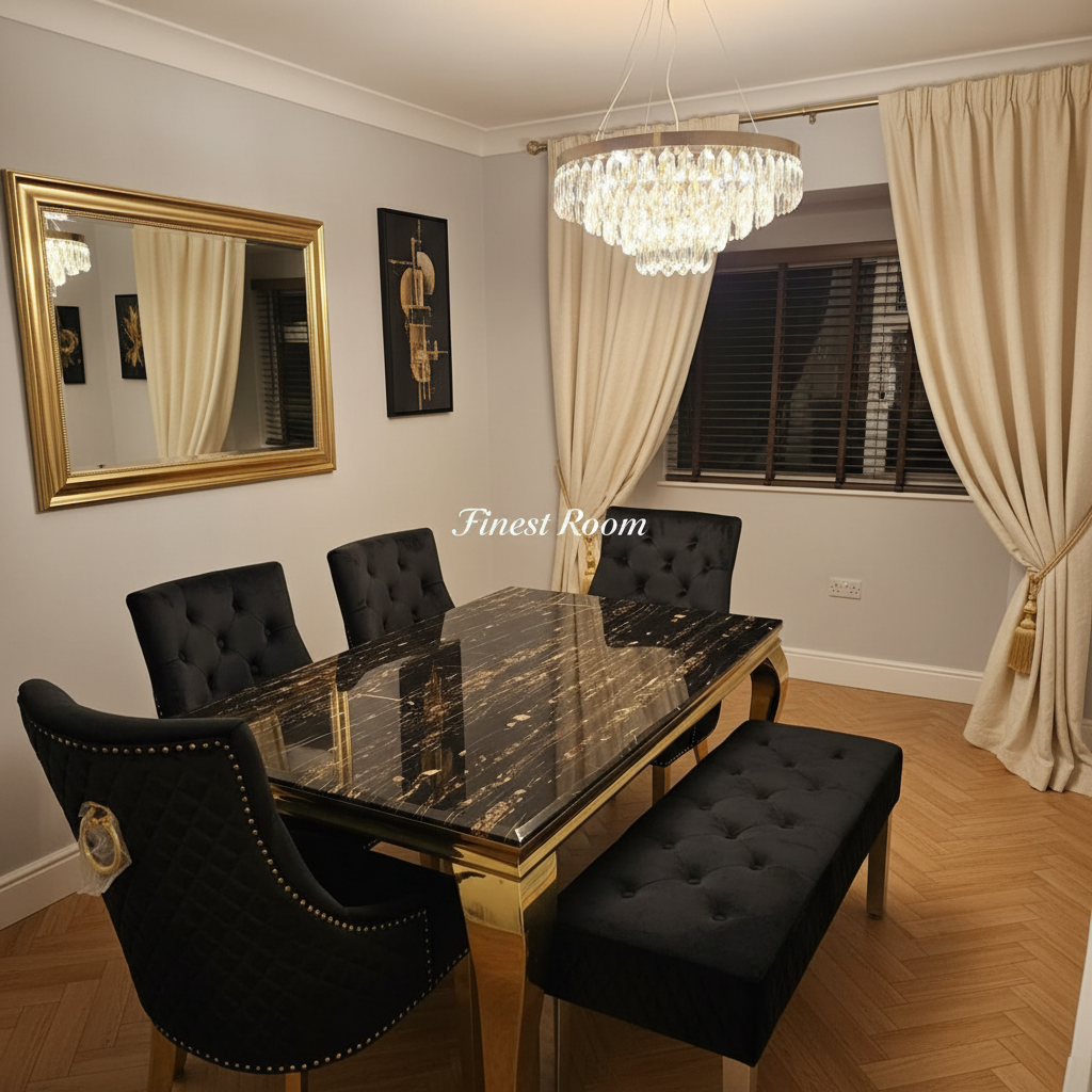 Black Gold Louis Dining Table With Black RK Majestic Chairs & Bench