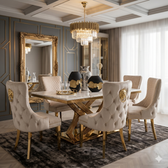Kata Gold Elina Dining Table With Victoria Cream Gold Lion Knocker Chairs