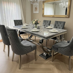 Grey Ariana Dining Table With Dark Grey Majestic Round Knocker Chairs