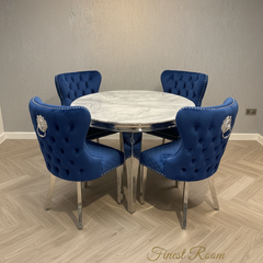 Grey Round Louis Dining Table With Navy Valentino Chairs