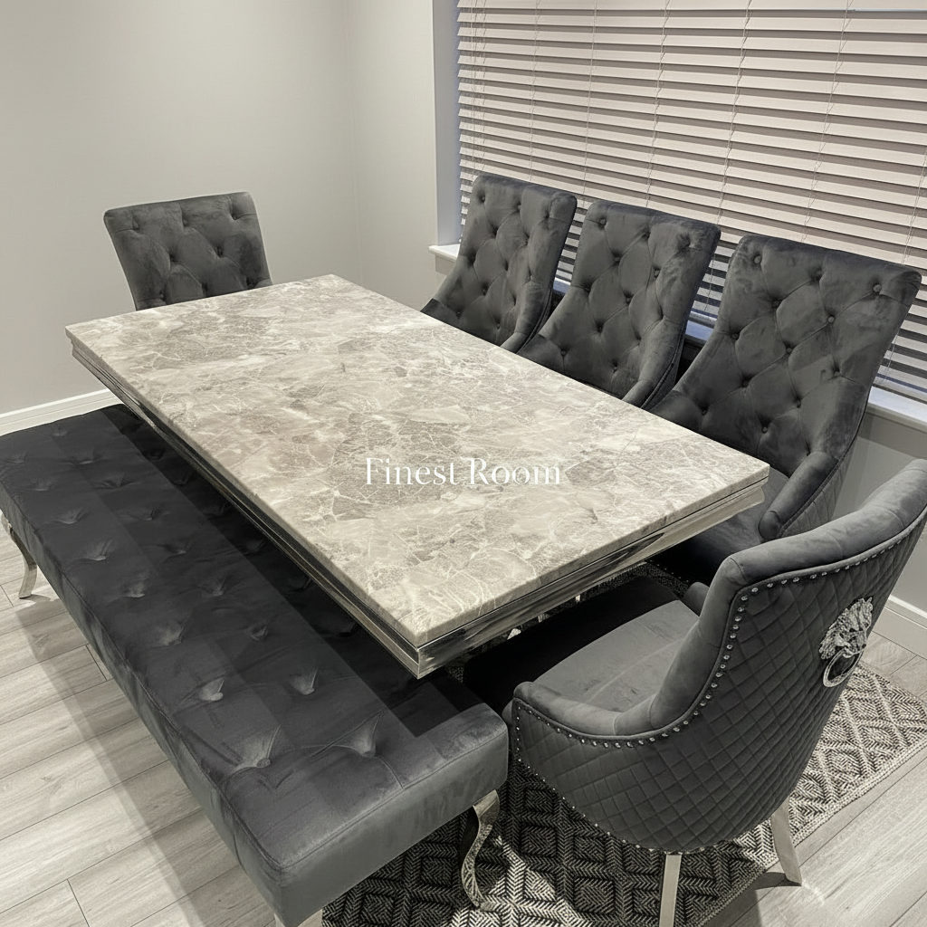 Grey Arial Dining Table With Dark Grey Majestic Chairs & Bench
