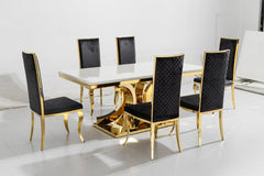 White Aura Gold Dining Table with Black Gold Flora Chairs.