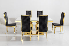 White Aura Gold Dining Table with Black Gold Flora Chairs.