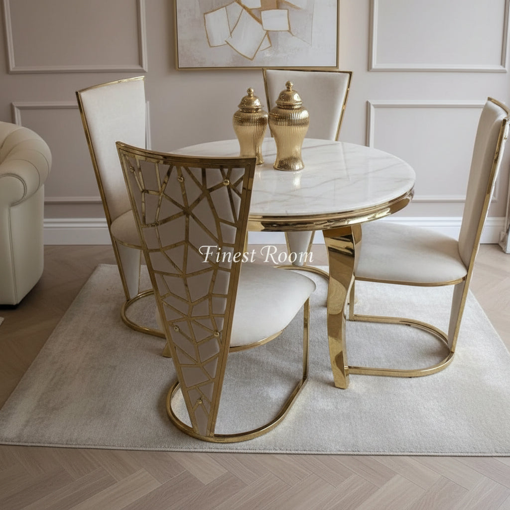 Louis Cream Gold Round Table With Cream Gold Vienna Chairs 