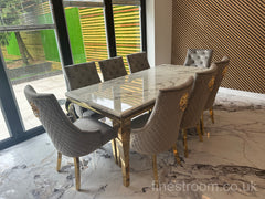 White Gold Louis Dining Table With Light Grey Gold Majestic Chairs