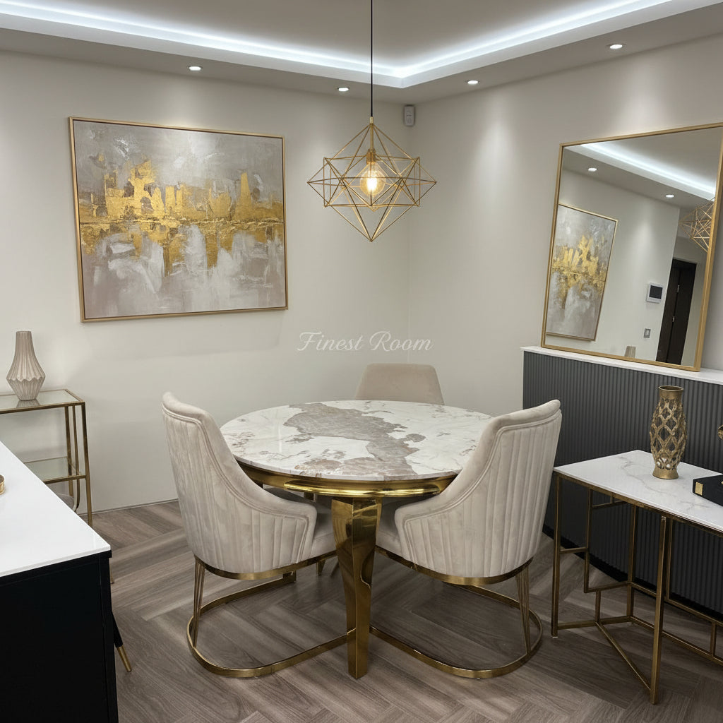 Pandora Gold Louis Round Dining Table With Chelmsford Gold Chairs