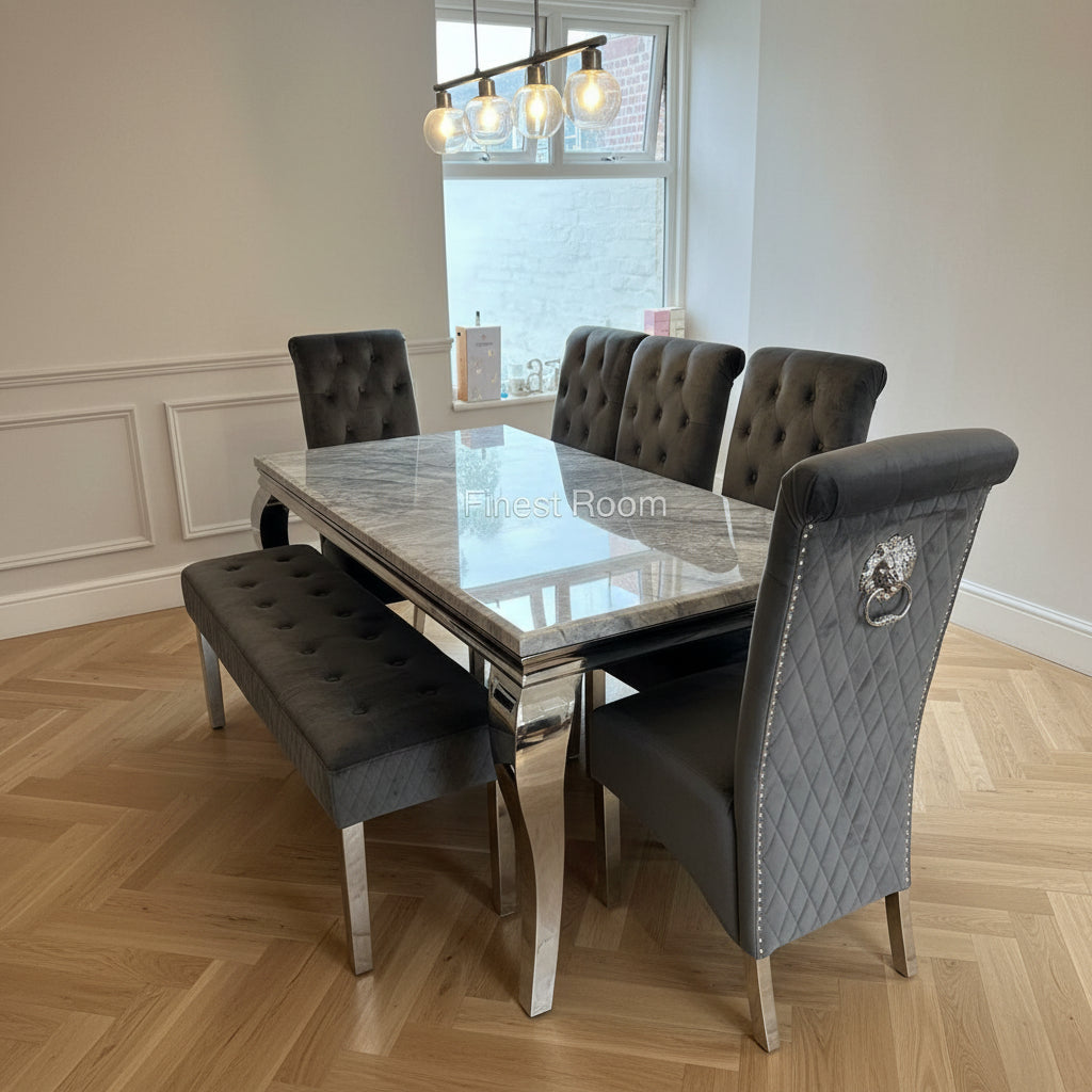 Grey Louis Chrome Dining Table With DG Sofia & Bench