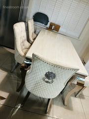 Cream Louis chrome Dining Table with Mink Majestic Chairs & Bench