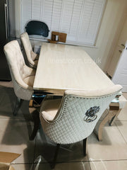 Cream Louis chrome Dining Table with Mink Majestic Chairs & Bench