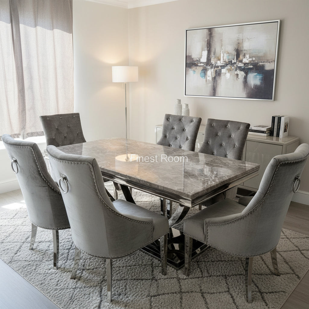 Grey Arial Dining Table With Silver Isabelle Chairs
