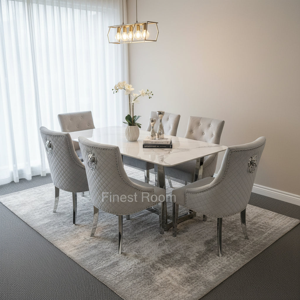White Lucein Dining Table With Light Grey Majestic Chairs
