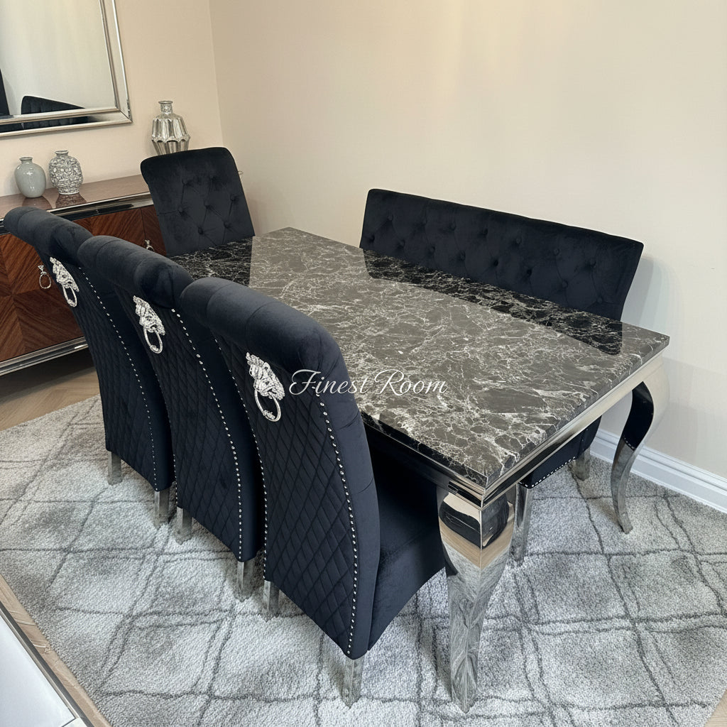 Black Louis Dining Table With Black Sofia Chairs & High Back Bench