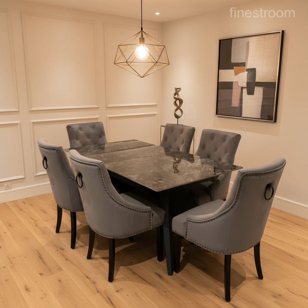 Black Marble Extendable Dining Table with Jessica Ring Knocker Black Legs Chairs