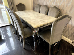 White Louis Dining Table With Dark Grey Alice Chairs