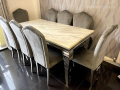 White Louis Dining Table With Dark Grey Alice Chairs