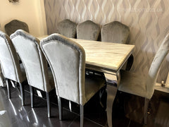 White Louis Dining Table With Dark Grey Alice Chairs