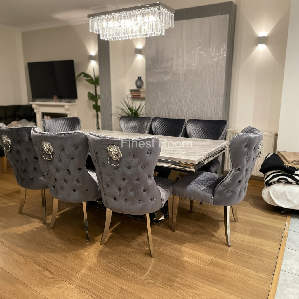 Grey Arial Dining Table With Chelsea Silver Shimmer Chairs
