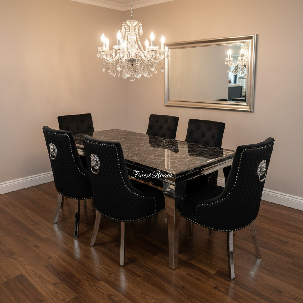 Black Louis Dining Table With Black Leather Majestic Chairs