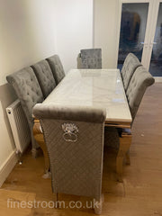 White Louis Dining Table With Dark Grey Sofia Chairs