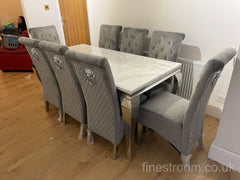 White Louis Dining Table With Dark Grey Sofia Chairs