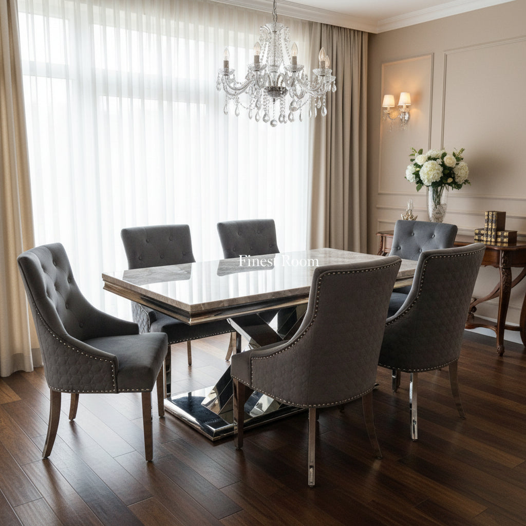 Grey X Table with Roma No Knocker Chairs