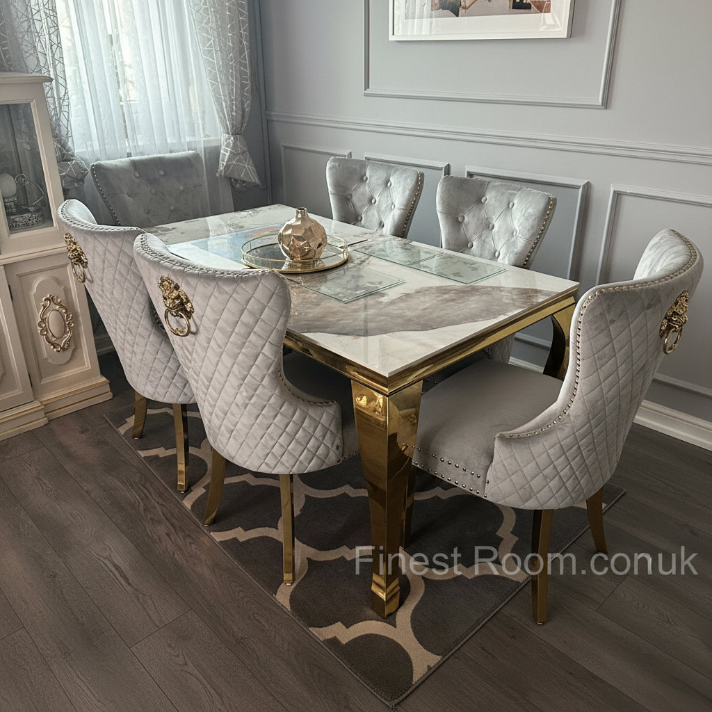 Pandora Gold Louis Dining Table With Light Grey Gold Majestic Chairs