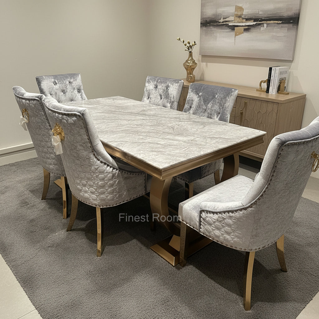 Grey Gold Ariana Dining Table With Silver Gold Roma Chairs