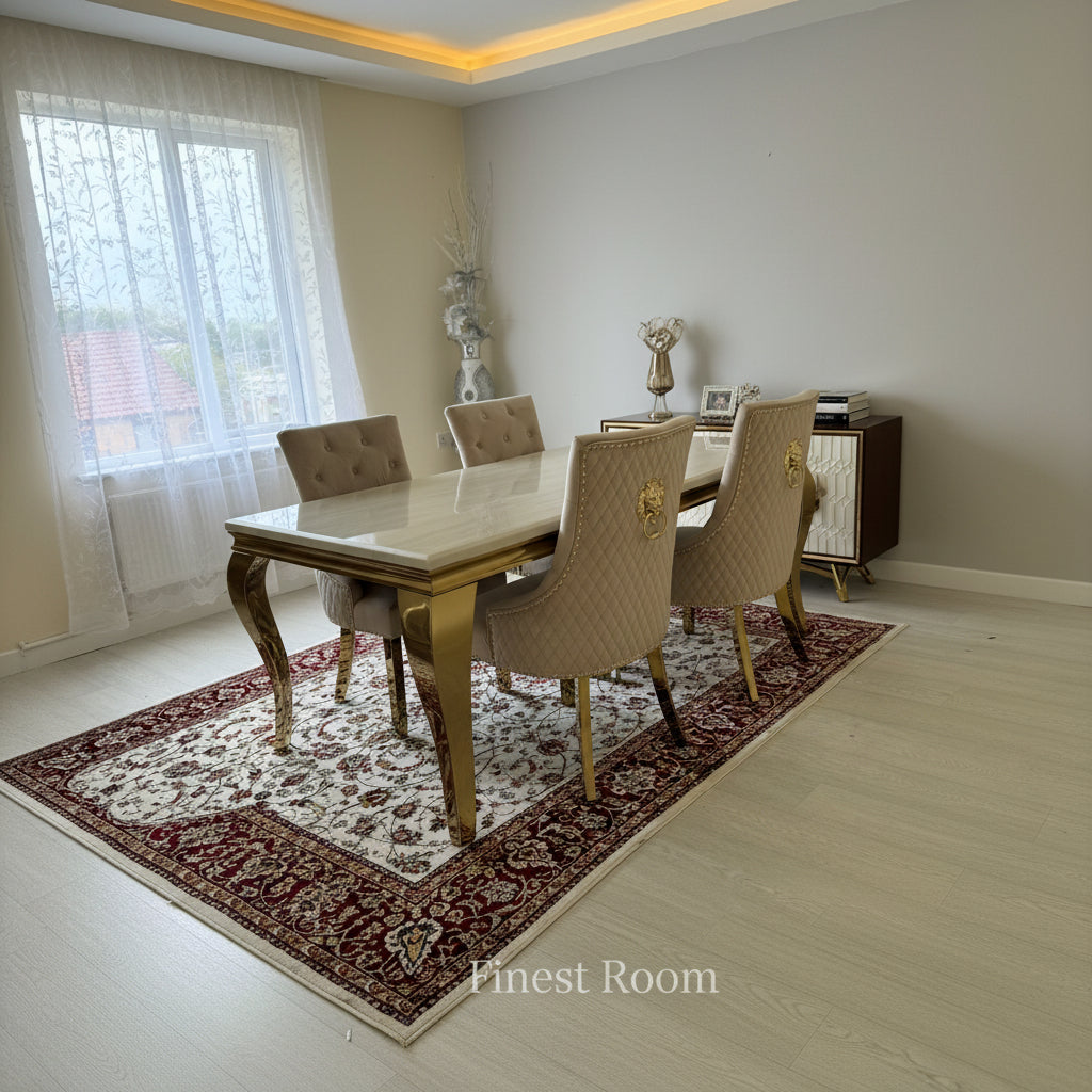 Cream Gold Louis Dining Table with Mink Gold Lion Knocker Majestic Chairs
