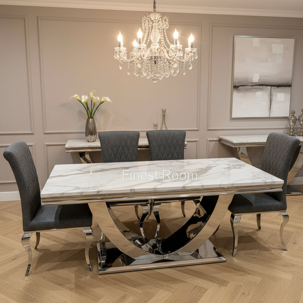 White Arial Dining Table With Dark Grey Leather Nicole Chairs