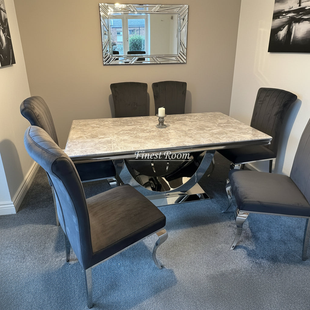 Grey Arial Dining Table With Dark Grey Velvet Nicole Chairs