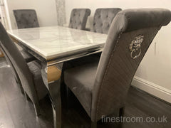 White Louis Dining Table With Dark Grey Sofia Chairs