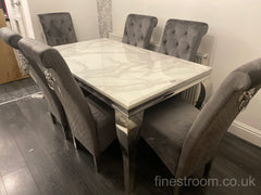 White Louis Dining Table With Dark Grey Sofia Chairs